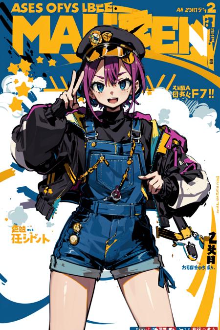 1girl, sfw, cap, shorts, jacket, (Magazine cover-style illustration of a fashionable woman in vibrant outfit posing in front of a colorful and dynamic background. She has a confident expression and is striking a pose. The text on the cover should be bold and attention-grabbing, with the title of the magazine and a catchy headline. The overall style should be modern and trendy, with a focus on fashion and lifestyle), wallpaper, crowds, fashion, contrapposto, female focus, model, cool