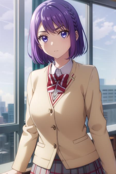 neneodagiri, <lora:nene odagiri s1-lora-nochekaiser:1>,
nene odagiri, short hair, (purple eyes:1.1), purple hair, braid,
BREAK skirt, bow, school uniform, jacket, pleated skirt, plaid, plaid skirt, blazer,
BREAK indoors, classroom,
BREAK looking at viewer,
BREAK <lyco:GoodHands-beta2:1>, (masterpiece:1.2), best quality, high resolution, unity 8k wallpaper, (illustration:0.8), (beautiful detailed eyes:1.6), extremely detailed face, perfect lighting, extremely detailed CG, (perfect hands, perfect anatomy),