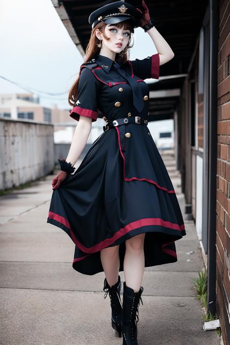 m1l1t4ry, necktie, black gloves, black dress, peaked cap, puffy dress, short sleeves,