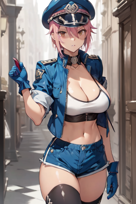 MisaHound, 1girl, solo, short hair, pink hair, large breasts, thighhighs, blue gloves, navel, cleavage, brown eyes, cropped jacket, shorts, midriff, crop top, short shorts, blue shorts, peaked cap, 