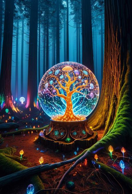 LED, (masterpiece, best quality, highres:1.2), (photorealistic:1.2), (intricate and beautiful:1.2), (detailed light:1.2), (colorful, dynamic angle),
A hyper-realistic close-up of a crystal ball, resting on a weathered colorful pedestal, pedestal made out of colorful LED lights, pedestal is carved with intricate runes, runes glowing faintly in amber LED, detailed,
BREAK inside the crystal ball, a tree made of pines and needles, electricity appears to shock the heart from the edges of the crystal ball, with subtle flickers of light illuminating the swirling smoke patterns, 
BREAK Background, Dramatic lighting, rolling fog, intense highlights, deep shadowy contrasts, creating a powerful, moody atmosphere, Hyperdetailed colorful LED lights create glowing ember effects, intricate reflections, in a spooky forest, depth of field,
organic armor shaped like insect shells and glowing mycelium, helmet visor displaying bio-digital LED readouts, glowing spores drift around her, tracking luminous footprints across an alien terrain of fungal towers and crystal pools, masterpiece, high score, great score, absurdres, 
Style: Whimsical,colorful LED lights,
Color Palette: Warm, inviting colors; golden browns, 
Lighting: Soft and warm lighting to enhance the coziness
Aesthetic: Fun, charming, and delicious