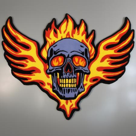 <lora:tufted_rug_style_xl_v1:1> a flaming skull with batwings, tufted rug style