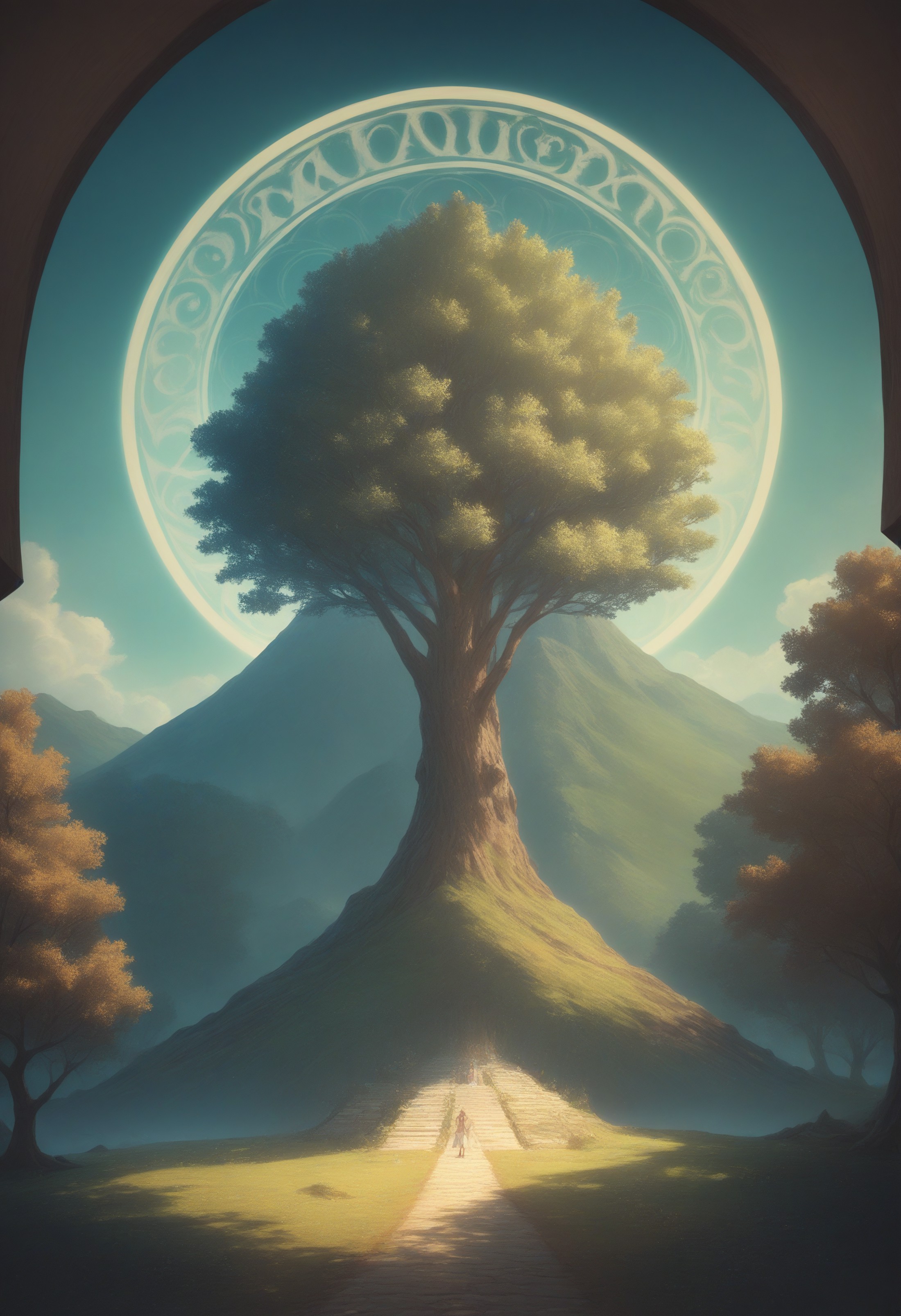 score_9, score_8_up, score_7_up, source_anime, a large circle of a person above a tree in an image, in the style of vibran...