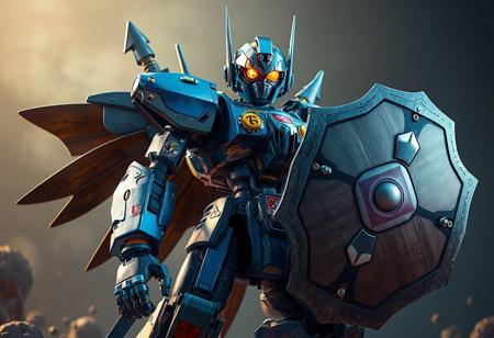 A Dark Eradicator Warlock robot, equipped with a Mad Sword Beast and a Magical Trick Mirror shield, stands ready for action against a Light to the Depths backdrop. The robot,  blue and adorned with colorful stickers, holds a large, multi-colored shield. The high-res image showcases the robot in intricate detail, from its lifelike facial features to its sharply designed clothes. The dynamic action pose and captivating lighting create a sense of movement and excitement, while the vibrant colors and harmonious design contribute to the overall narrative. Trending on Artstation.