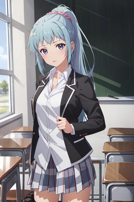 (masterpiece, best quality:1.4), looking at viewer, cowboy shot, saki kawasaki, ponytail, scrunchie, school uniform, black jacket, open jacket, white shirt, plaid skirt, kneehighs, classroom, <lora:saki_kawasaki_v1:0.7>