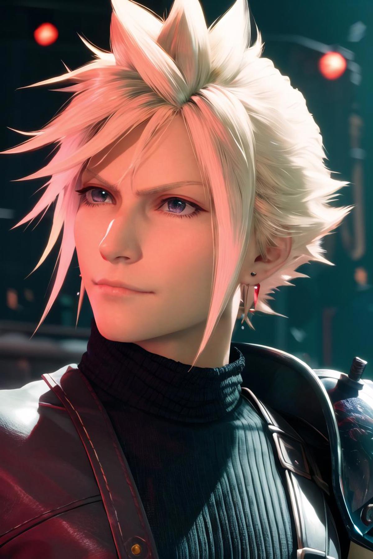 A close-up of a young male character with white hair, wearing a black top and earrings.