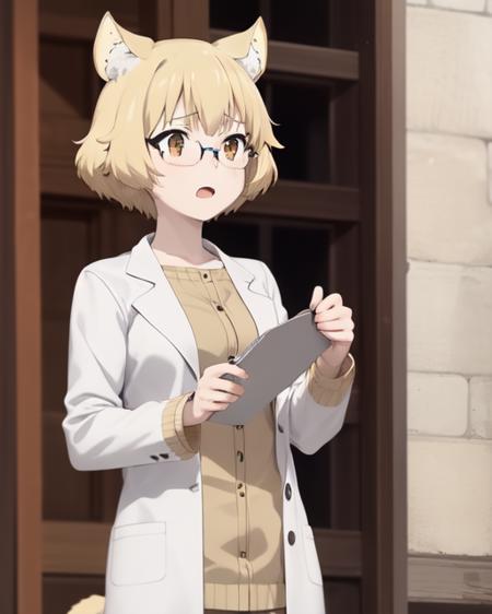 <lora:Misha:1>
1girl, solo, misha (kemonomichi), blonde hair, standing, wearing white lab coat, glasses