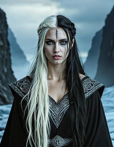 RAW analogue photo ((Hel the Norse Goddess)), clear focus, high resolution image, nbn-hel, ((half body, left black, right white)), ((white hair right side, black hair left side)), ((two-tones hair)),  heterochromia, realistic, <lora:sdxl_NBN-Hel_NordicByNature_r1:0.8>, nordicbynature, <lora:NordicByNature:0.8> ,Hel depicted as a powerful sorceress, commanding ghostly wolves and ravens in a stormy fjord.,low light, soft natural light, Rembrandt style light, Hasselblad DLSR camera, 200mm Zeiss lens, f/2.8,