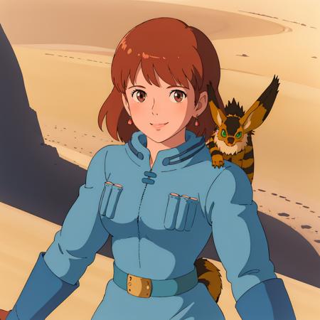 <lora:Nausicaa001:0.7>,
Nausicaa,1girl,
animal on shoulder,blue jacket,hood,hood down,belt,blue gloves,
looking at viewer,smile,
desert,