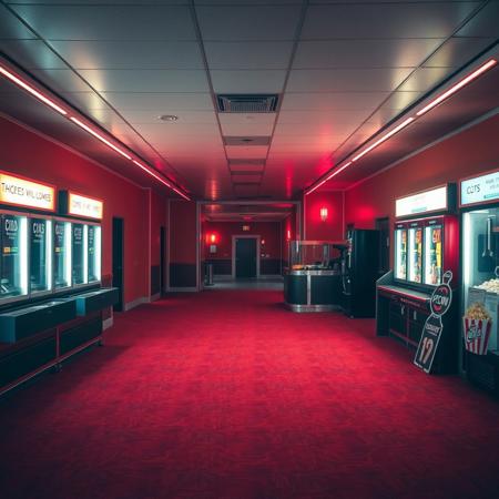 A liminal space inside the lobby of an empty movie theater, frozen in time. The dim neon lights cast a soft, buzzing glow over the faded red carpet, patterned with geometric designs worn down by decades of footsteps. The scent of stale popcorn and artificial butter lingers in the air, mixing with the faint hum of the soda machines, still running despite the absence of customers.
Rows of vacant ticket kiosks stand silent, their glass windows reflecting the flickering glow of the old marquee above. The concession stand, once bustling with life, is now eerily still—popcorn bags stacked neatly, soda dispensers blinking idly, a lone cash register left slightly open. Cardboard cutouts of long-past movie releases stand in the corners, their smiling faces and bold taglines frozen in a moment that no longer exists.
A hallway leading to the darkened auditoriums looms in the distance, its entrance swallowed in shadow. The only sound is the distant crackle of an unattended speaker, playing the looping jingle of the theater chain’s advertisement. This place feels like a memory you can’t place, an in-between moment where time has stalled—an echo of countless nights spent here, but now, you're alone.