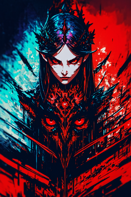 Ambilight, masterpiece, ultra-high quality,( ultra detailed original illustration), Perfil Portrait of a beautiful Girl, Upper body, Crown of Bones, ((Evil Fashion)), (Red Eyes:1.5, Double exposure, fussion of fluid abstract art, Glitch, 2D),(Gothic Oiginal illustration composition),( fusion of limited color, Fractal Geometric, butterflies, Comic art) <lora:Minijisn-03:1>  <lora:Moommst-01:1>