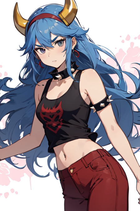 LucinaBowser, 1girl, solo, long hair, black tank top, bare shoulders, blue hair, horns, red pants, thick eyebrows, spiked collar, super crown, spiked shell, hairband, earrings, midriff, black eyes, armlet, spiked collar
