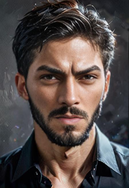 portrait of a Desperate businessman, vogue, intricate, elegant, highly detailed, digital painting, concept art, smooth, sharp focus, 8k, film grain, vignetting, chromatic aberrations, dramatic lighting ,  man with a short and( light beard:1.2) and a black shirt is looking at the camera with , Artgerm, highly detailed digital painting, a photorealistic painting, photorealism, SimplePositiveXLv2, black hair , brown eyes , simple background , gray background