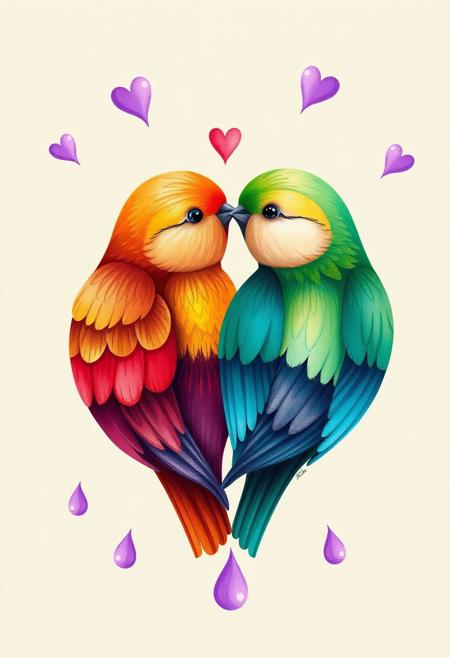 a vibrant, artistic illustration of two lovebirds nestled together in the shape of a heart. The left bird has warm red and yellow hues, while the right bird features shades of green and blue with a soft cream-colored face. The composition symbolizes affection and harmony, with delicate purple teardrop-like shapes surrounding the heart for added charm.