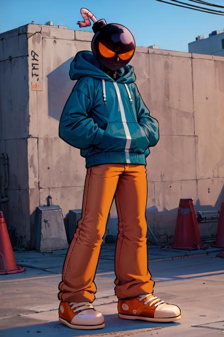 masterpiece, best quality, absurdres, WhittyFNF, bomb head, blue hoodie, orange pants, orange sneakers, <lora:WhittyFNF:1>