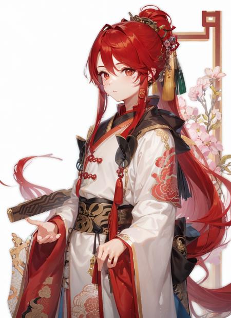 masterpiece, high quality,1boy,looking at viewer,ponytail,long hair, hair over shoulder,  (chinese art),hair stick, long dress ,yifu1<lora:mix16:1>