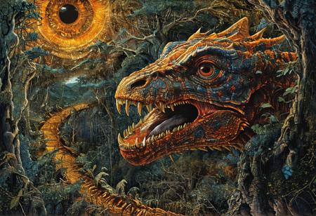 style of Mati Klarwein, EnhanceImage, highly detailed, ultra detailed, high quality, sharp image, bright orange gray blue forest background, rich shadows and bright highlights, close up view, elaborate illustration long segmented serpent monster, (mouth open snarling teeth), horror, light shining through, transparent fins and spikes, shining golden dust details