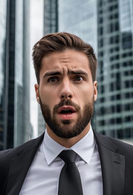 A man with a beard and brown hair,  afraid, 
wearing a black suit, 
white shirt, 
and black tie. He appears to be in a business setting, 
with a backdrop of tall glass buildings. The man has a surprised or shocked expression on his face. highly detailed face, 
intricate clothing, 
high res, 
Sony A7R IV, 
greggiger, 
64K, 
HDR all body