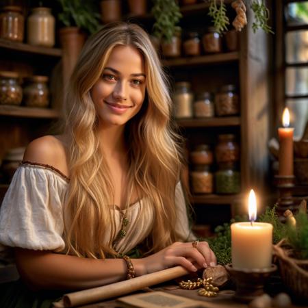 highly detailed documentary photo of herbalist,

1girl, solo, long hair, looking at viewer, smile, blonde hair, bare shoulders, jewelry, green eyes, indoors, blurry, bracelet, lips, book, depth of field, plant, realistic, potted plant, candle,

medieval shop,

masterpiece, best quality:1.1, 

ultra photoreal,
photorealistic:1.0, 
sharp focus:1.1, 
depth of field:1.1, 
god rays:1.4,

50mm, style of Nathan Wirth, Hasselblad X1D II, Porta 160,
