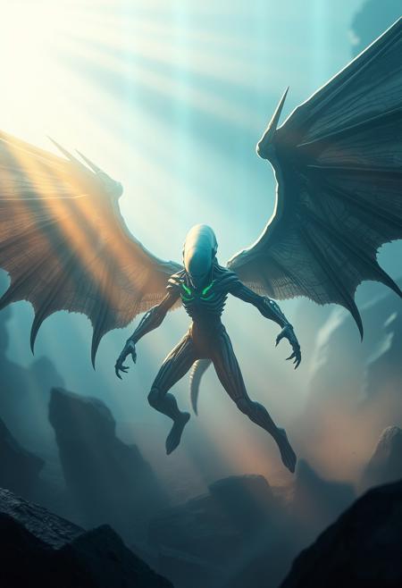 A modern, futuristic grand epic scene depicting a winged Xenomorph human with epic lens glow lighting and volumetric lighting. Cool colors like blues, greens, and purples are used, with visible light beams passing through dust or fog. The illustration is rendered in a massive scale, highlighting heroic elements and dynamic illustration techniques.