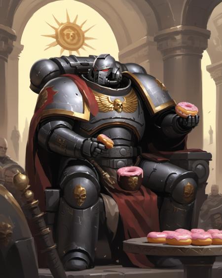 an illustration of a man wearing silver knight armor, (with a cape:0.5), eating a donut whilst sat on a giant throne in a palace, smiling, excited, no helmet <lora:primaris_marine-knight_armor-000007:0.8>