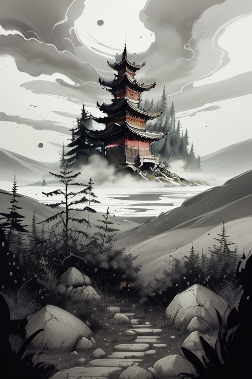 Chinese martial arts style, with vast sky, continuous mountains and steep cliffs, ink wash style, outline light, atmospher...