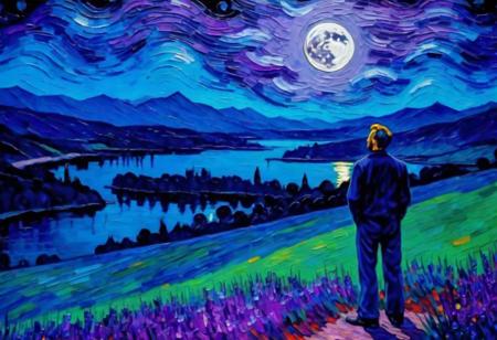 ((Oil painting by Van Gogh)) {long exposure shot, ((a man staring at night sky at top of hill, moon)), lake, reflection, dark theme, blue violet green color scheme shading, galaxies, sharp focus, intricate, cinematic light, clear, detailed, beautiful, emotional, shiny, vibrant, highly saturated, strong deep colors, romantic, pretty, scientific, magical, rich vivid colorful, ambient professional,} . Expressive, impasto, swirling brushwork, vibrant, brush strokes, Brushstroke-heavy, Textured, Impasto, Colorful, Dynamic, Bold, Distinctive, Vibrant, Whirling, Expressive, Dramatic, Swirling, Layered, Intense, Contrastive, Atmospheric, Luminous, Textural, ((violet theme))