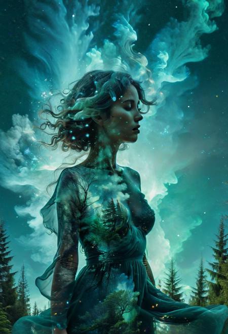 Double exposure, feminine silhouette made of swirling galaxies and nebulae clouds, delicate star-speckled facial features, flowing cosmic dress and hair forms, set against dense evergreen forest background, moody blue-green atmospheric lighting