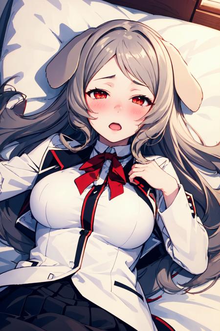 <lora:Pursena:0.7>, 1girl, Pursena, red eyes, dog ears, dog girl, dog tail, grey hair, white jacket, large breasts, black legwear, pantyhose, pleated skirt, (lying on back), <lora:torogao_v3:1.4>, full-face blush, heavy breathing, bedroom, on bed, from above