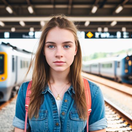 half body photo of, young woman at train station, freckles, Kodak Ultra Max, 85mm, shot on iphone 7, dslr,  high quality, photorealistic, raw, 4k