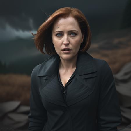 gilliananderson, an attractive woman, on a (mountain-top), wearing a (coat), (heavy-rainstorm:1.1), 24mm, 4k textures, soft cinematic light, adobe lightroom, photolab, hdr,