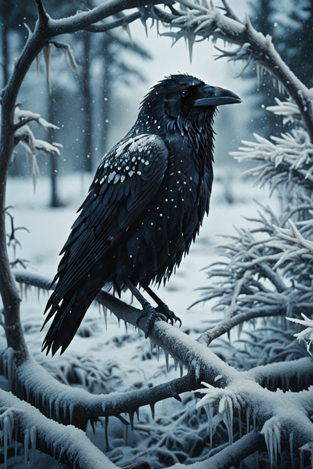 fr0stwrld, snow, ice, raven on a branch,, cinematic photography  <lora:Fr0stWrld4:1>