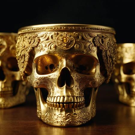 cinematic still Imagine a skull-shaped cup adorned with intricate golden embellishments, Crafted from gleaming gold, ornate engravings cover its surface . emotional, harmonious, vignette, 4k epic detailed, shot on kodak, 35mm photo, sharp focus, high budget, cinemascope, moody, epic, gorgeous, film grain, grainy, Imagine a skull-shaped cup adorned with intricate golden embellishments, Crafted from gleaming gold, ornate engravings cover its surface, vibrant colors, unique, elegant, rich deep complex artistic color, mystical, beautiful, cute, perfect focus, highly detailed, dramatic light, great composition, clear aesthetic,, very inspirational, innocent, fine, balanced, creative