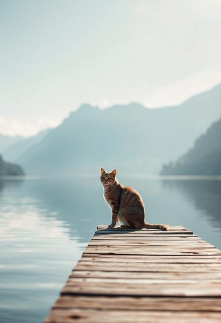 (Soft Lighting Photography by Mimoza Veliu and Mario Giacomelli:1.2), NSFW, Cinematic photography. A photo-realistic shoot of a cat sitting at the end of a jetty on tranquil mountain lake, with mountains in the background,.