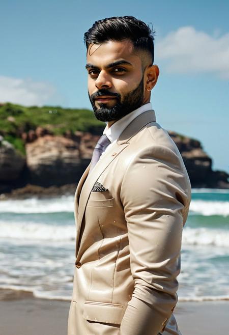 fahion photo of Virat Kohli with slicked back hair with fade, wet hair, wet body, posing at the beach, wearing tiny swimming Aussibum speedos, heavily bulging, rock in the sea in background with waves, photorealistic, raw photo, skin details, hyperrealistic, (bulge), sideview, head turned to viewer, erotic look, erotic pose, looking at camera