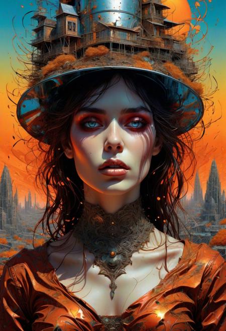 In the ethereal realm of acclaimed artist William Stout's distinctive style, lies a striking poster portraying a woman amid Vactober rays floating within meticulously crafted metal landscapes. Her sinister yet captivating gaze emanating sparks of intense color, set against a chaotic backdrop of a spiritual yet menacing world beyond human understanding. Poster art, exceptional color palette, transparent layers made with visually striking details Victorian tilt hat aesthetic and psychologically charged energy rendered in vivid glorious 4K resolution. Embrace this vivid imagination.