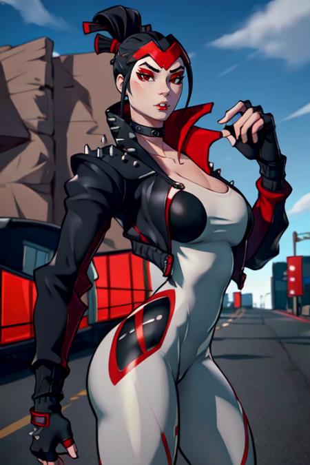 masterpiece,best quality,extreme detail,8k,<lora:Takara-10:0.8>,takarafn,1girl,solo,breasts,black hair,red eyes,gloves,medium breasts,jacket,outdoors,choker,black gloves,fingerless gloves,blurry,collar,black jacket,bodysuit,makeup,spikes,eyeshadow,cropped jacket,wide hips,thighs, ass