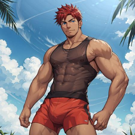 ((masterpiece)),((best quality)),8k,high detailed,ultra-detailed,anime,CG,{{Masterpiece, Best Quality, Extremely Detailed CG, Unity 8k Wallpaper }},
1boy,topless, summer,dark skin,red hair,blue eyes, see-through tank top, boxer briefs,muscular,facial hair,