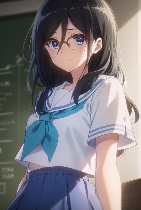 asukatanaka, <lora:asuka tanaka s2-lora-nochekaiser:1>,
asuka tanaka, long hair, black hair, blue eyes, glasses, semi-rimless eyewear, red-framed eyewear, over-rim eyewear, hair between eyes, smile,
BREAK skirt, shirt, school uniform, white shirt, short sleeves, pleated skirt, serafuku, sailor collar, blue skirt, neckerchief, blue sailor collar, school bag, green neckerchief, kitauji high school uniform,
BREAK indoors, classroom,
BREAK looking at viewer, (cowboy shot:1.5),
BREAK <lyco:GoodHands-beta2:1>, (masterpiece:1.2), best quality, high resolution, unity 8k wallpaper, (illustration:0.8), (beautiful detailed eyes:1.6), extremely detailed face, perfect lighting, extremely detailed CG, (perfect hands, perfect anatomy),