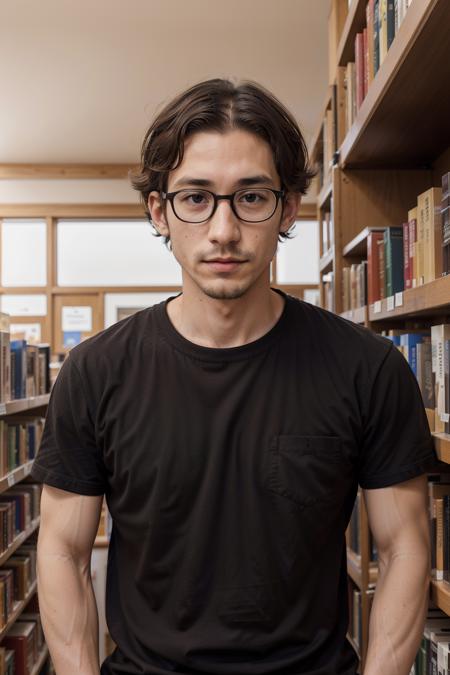 a portrait of  l3wis_n0texist wearing a black shirt and glasses, browsing books in a library, looking at the camera, facing the camera