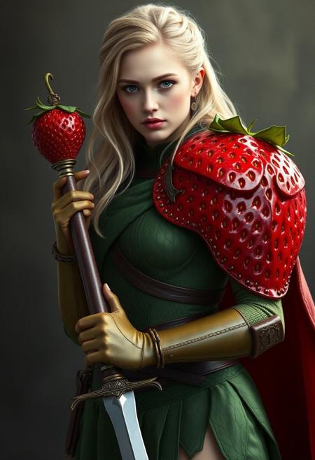 A fair maiden ready to protect the fruit realm. Her pale skin and blonde hair contrast with the bright red of her strawberry plate armor. The enchanted maroon berry's skin and achene protect the heroine against blows, cuts and fire. She wears a green weaved tunic under the armor. She clinches her leaf armor firmly  holding a sword in her other hand.