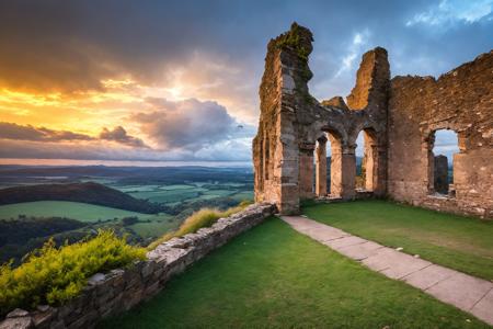 magnificent scenery, wide landscape, sharp and crisp background, very beautiful landscape, old ruins buildings, fantasy, birdview, best quality, masterpiece, ultra high res, dark blue light, cloudy, photo, photorealistic, wide view, kkw-ph1