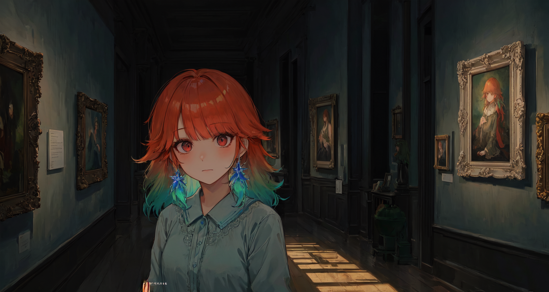 detailed background, masterpiece, best quality, (1girl:1.1), (solo:1.1), takanashi kiara, gradient hair, orange hair, gree...