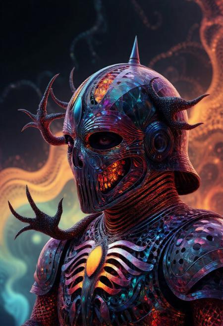 Masterpiece fantasy knight of legend with black armor, made out of fractangles, a helmet filled With Bones, Burning thunder storm, arms crawling oput of helmet. 2000s vintage RAW photo, photorealistic, film grain, candid camera, color graded cinematic, eye catchlights, atmospheric lighting, natural, shallow dof, High level of detail to create a photographic-like image, focusing on lighting, realistic textures, hyperdetailed.  <lora:Fractangles - Flux_epoch_20:1>