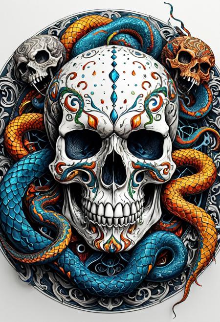 Finely detailed vector illustration, skull and snakes, ultra realistic quality, circle symbol, white background, hyperdetailed, intricately detailed,  triadic colors,fantastical,intricate detail,splash screen,complementary colors, fantasy concept art, 8k resolution, masterpiece, colored droplets on porcelain