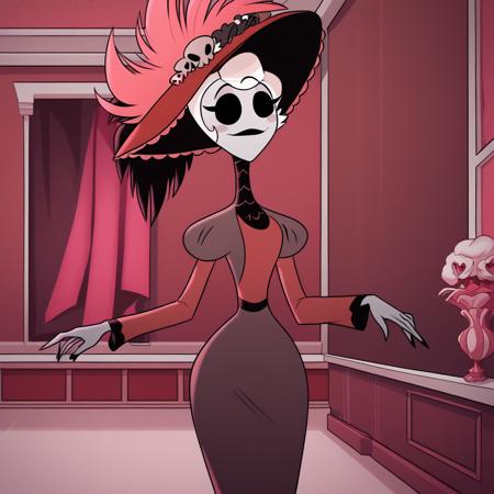 HAZBINHOTELROSIE, 1girl, solo,  white hair, short hair, blue eyes, hat, dress,