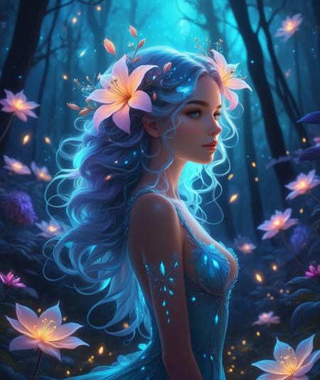 Style-PaintMagic, high quality, 8K Ultra HD, wide shot, (beautiful and sexy Bioluminescent girl with a slim figure:1.2), beautiful flowing Bioluminescent flowers forming a beautiful girl, Bioluminescent hair, full depth of field and realistic textures, hands in hair, arms up, neon, glowing, (fractal art:1.3), night, enchanted forest, flowers, firefly, (detailed background:1.3), wholesome, (rating_explicit), <lora:add-detail-xl:0.8>  <lora:picxReal_10:1>, detailed skin texture, (blush:0.2), (goosebumps:0.3), subsurface scattering, dry skin, fuzzy skin