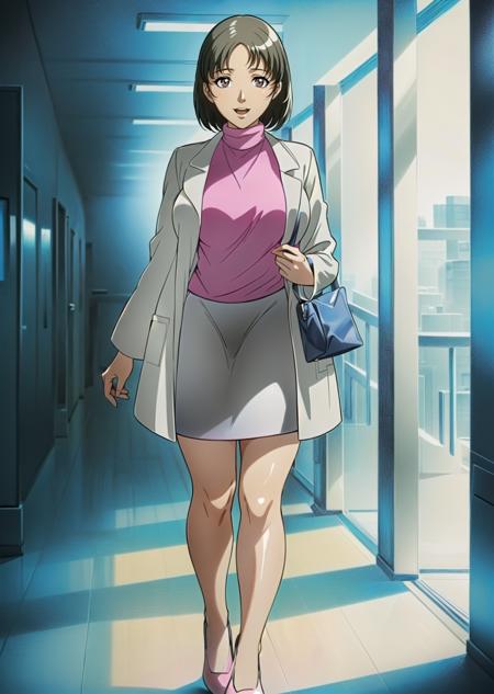 urotsukidoji researchgirl,
(solo:1.4),
1girl,brown hair, short hair, brown eye, sexy body, large breasts
(white labcoat:1.4), (pink turtleneck:1.4), (gray pencil skirt:1.4), bare legs, bare thighs, (pumps:1.3), (parted bangs:1.4),
relaxed expression, smile. walking, open mouth, (carrying bag:1.4),hand bag,look at viewer
indoors, (hallway:1.4), (daytime:1.4), windows,
portrait,(full body shot:1.4)
(masterpiece:1.4), (best quality:1.4),
professional artwork, intricate details, vivid colors, Diffused lighting, digital blending, ultra detailed body, ultra detail hair, ultra detail face, 
<lora:urotsukidoji_researchgirl_ver5-10:0.8>