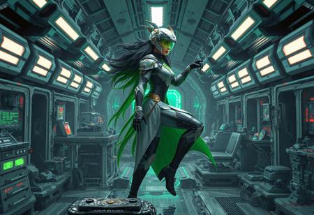 Binary Sorceress, cinematic, cyber metal stand, brain research lab, gray & green, red/yellow emblem, visor helmet, black boots, dynamic pose, right-facing, detailed face, intricate clothes, octane render, unreal engine 5, Artstation trending, vivid emotions, joyful, powerful message, beautiful detailed eyes, CGSociety, Golden Ratio, ultra detailed isometric landscape by nekroxiii, ominous elaborate abstract surrealism, symmetrical, ruins, airbrush, intricately detailed.