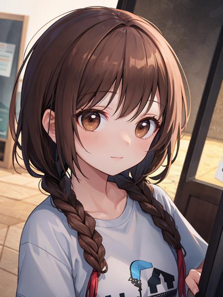 best quality, amazing intricate, cute girl, round eyes, dark brown eyes, dark brown hair, twin braid,
stupid face,
from front, (dutch angle:1.2), peeking in, portrait,
t-shirt